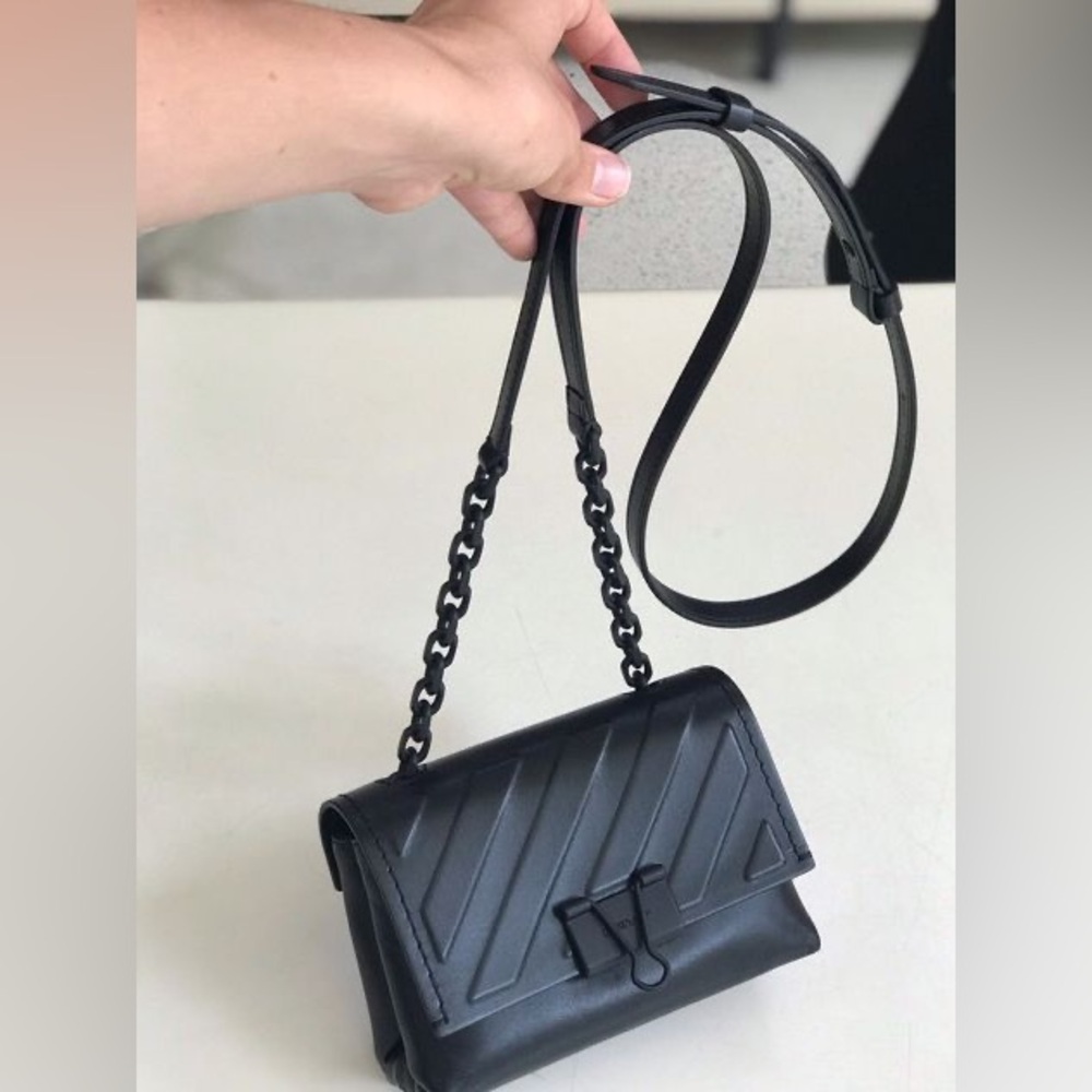 OFF-WHITE Calfskin Diag Small Binder Clip Crossbody Black Bag